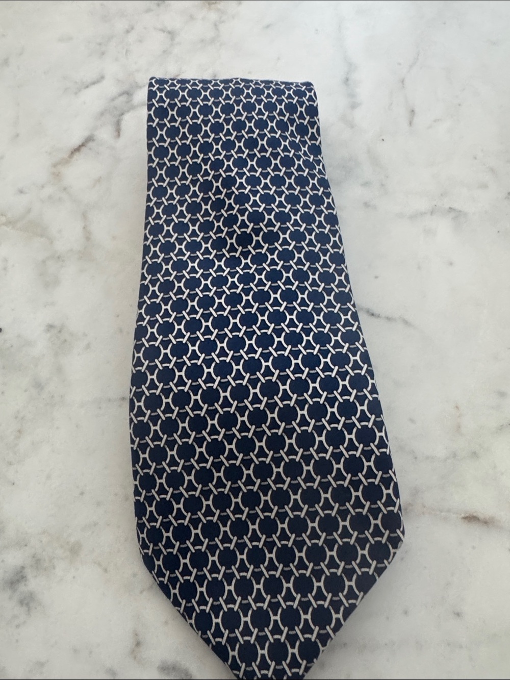 Hermes Navy and White Geometric Silk Tie